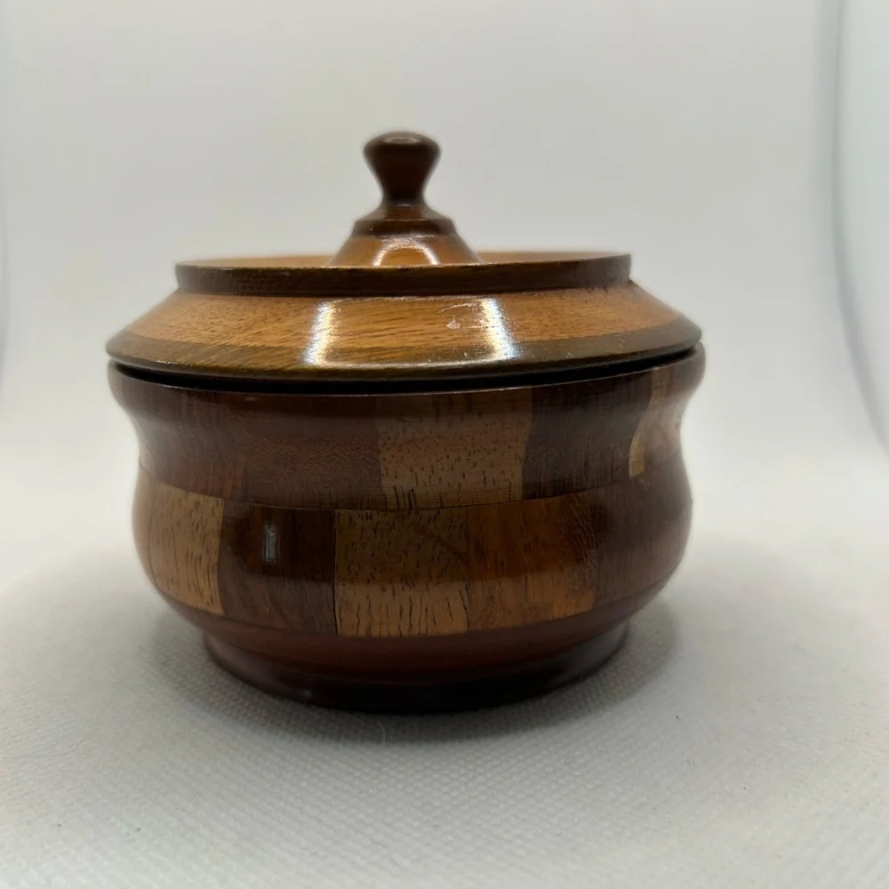 Wooden Lidded Bowl Handturned Marquetry Made in Honduras Small Trinket Dish